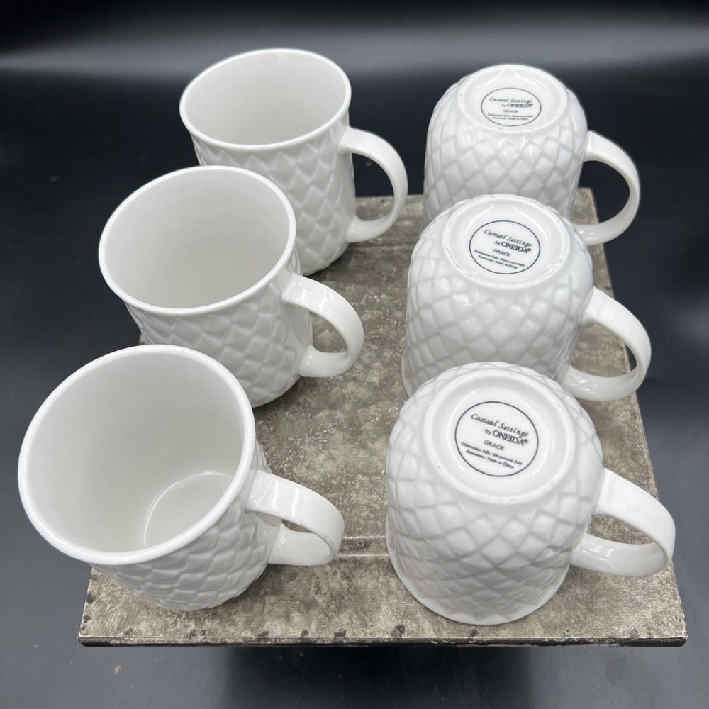 6 Oneida Casual Settings GRACE Coffee Mugs White Quilted Diamond Stoneware Set